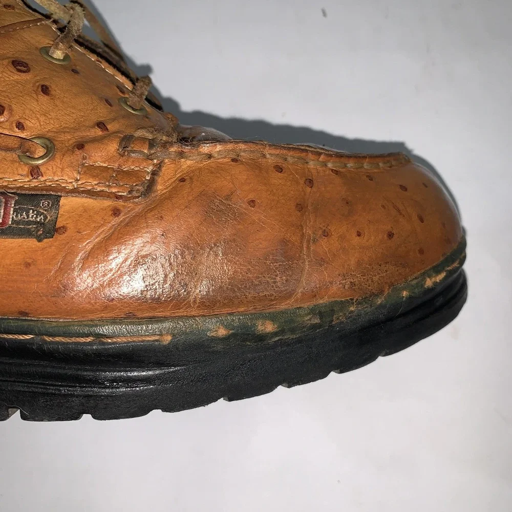 Justin Vintage Ankle Boots Mens 13M Brown Leather Ostrich Print Moc Toe Work 910
